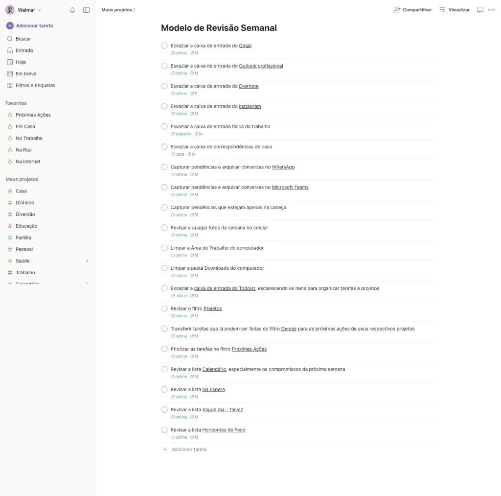 GTD no Todoist - Modelo de Revisão Semanal